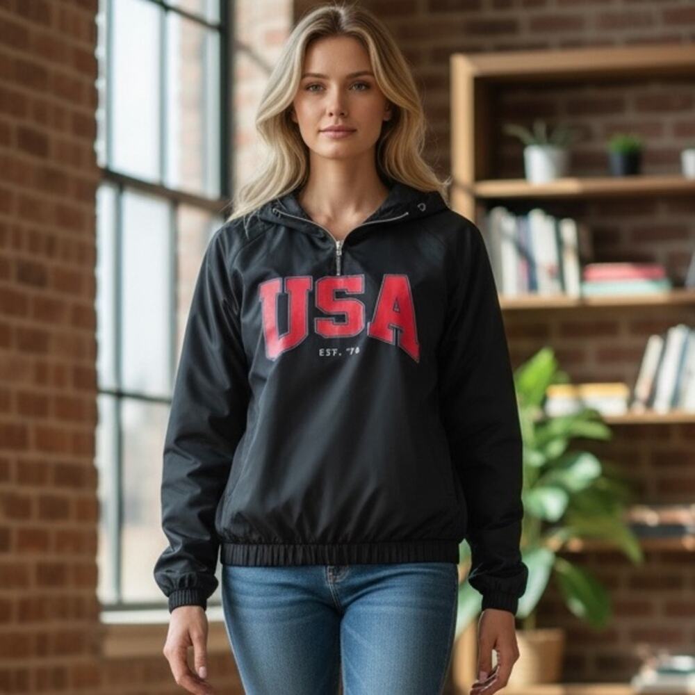 FOREVER 21 Women’s Medium Black USA Pullover Windbreaker Jacket